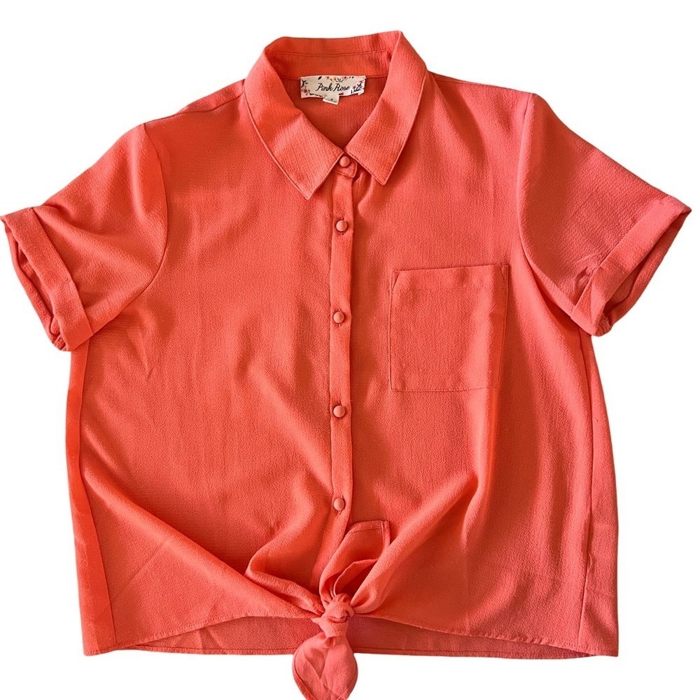 Pink Rose Coral Tie Front Button Up Blouse Short Sleeve Collared Top Size Small